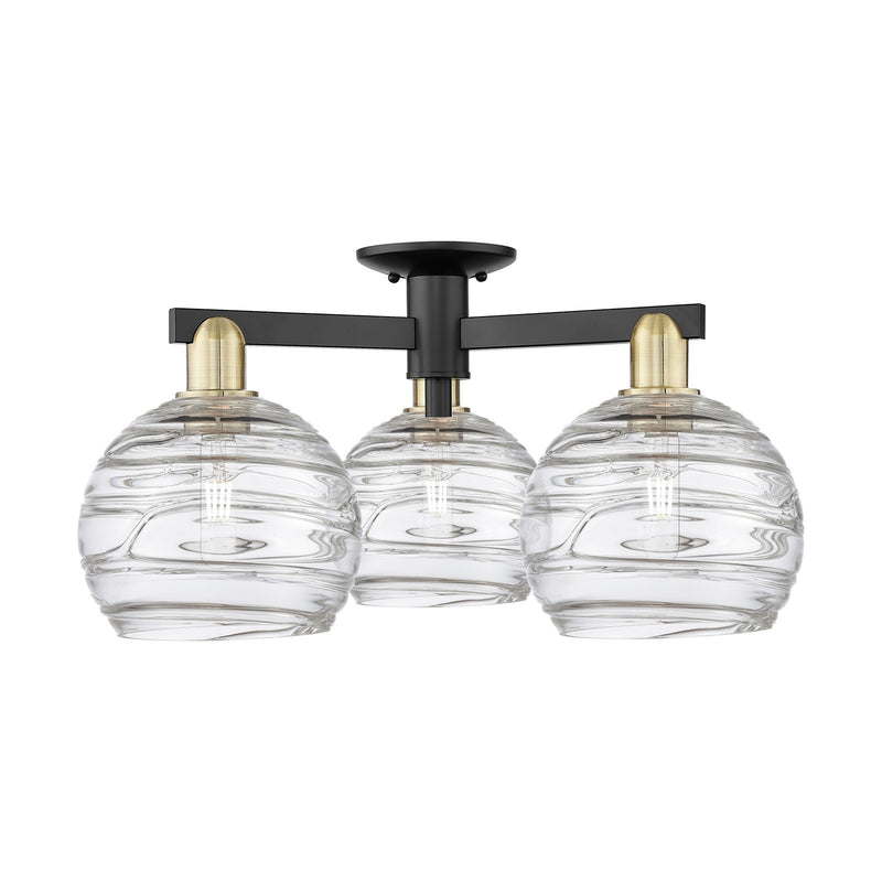 Innovations Athens Deco Swirl 26in 3-Light Semi-Flush Mount | Industrial Black Antique Brass Steel and Clear Deco Swirl Glass | Model 716-3F-BAB-G1213-8CL
