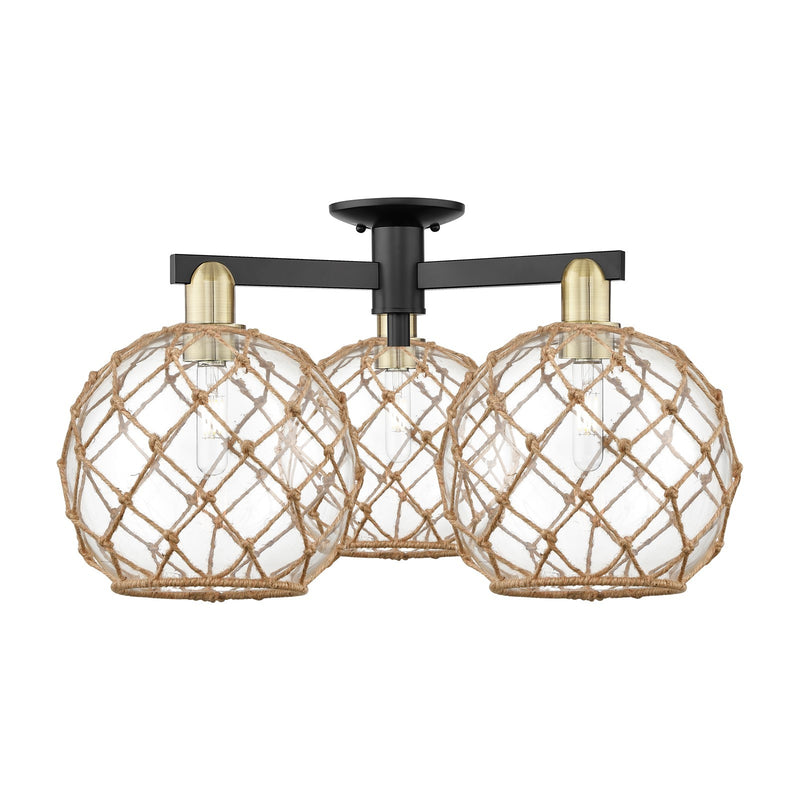 Innovations Farmhouse Rope 28in 3-Light Semi-Flush Mount | Industrial Black Antique Brass Steel and Clear Glass with Brown | Model 716-3F-BAB-G122-10RB