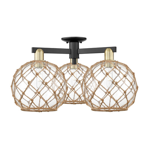 Innovations Farmhouse Rope 28in 3-Light Semi-Flush Mount | Industrial Black Antique Brass Steel and Clear Glass with Brown | Model 716-3F-BAB-G122-10RB