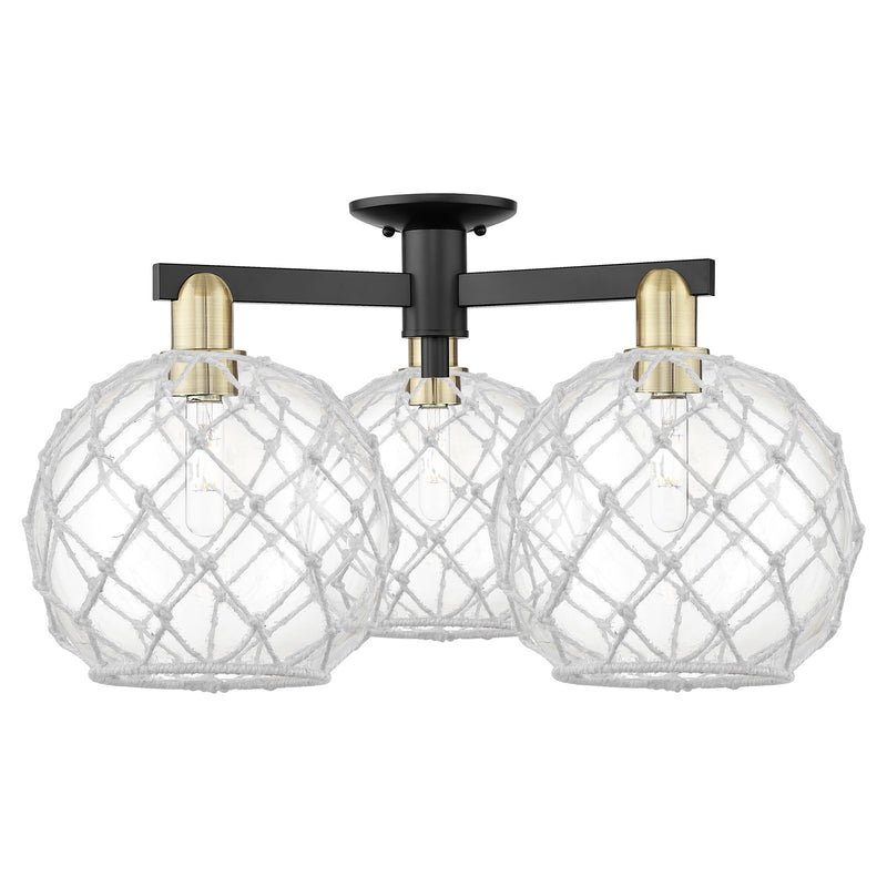 Innovations Farmhouse Rope 28in 3-Light Semi-Flush Mount | Industrial Black Antique Brass and Clear Glass with White Rope | Model 716-3F-BAB-G122-10RW