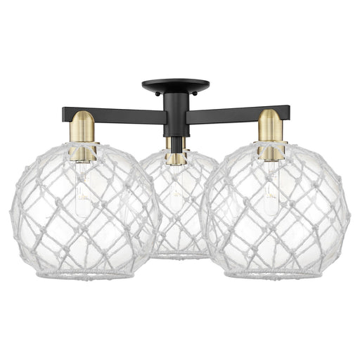 Innovations Farmhouse Rope 28in 3-Light Semi-Flush Mount | Industrial Black Antique Brass and Clear Glass with White Rope | Model 716-3F-BAB-G122-10RW
