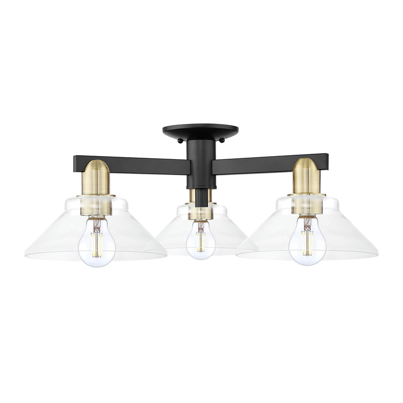 Innovations Orwell 26in 3-Light Semi-Flush Mount | Industrial Black Antique Brass Steel and Clear Glass | Entryway & Hallway | Model 716-3F-BAB-G132