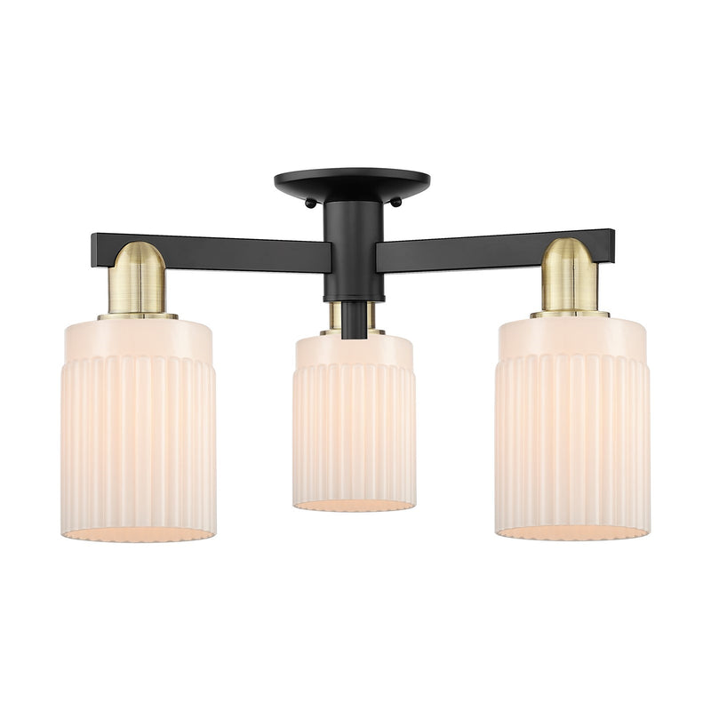 Innovations Hadley 22in 3-Light Semi-Flush Mount | Industrial Black Antique Brass and Matte White Ribbed Glass | Entryway & | Model 716-3F-BAB-G341