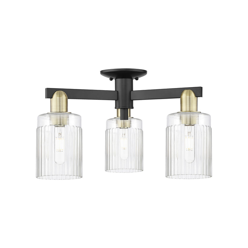 Innovations Hadley 22in 3-Light Semi-Flush Mount | Industrial Black Antique Brass and Clear Ribbed Glass | Entryway & Hallway | 22 | Model 716-3F-BAB-G342