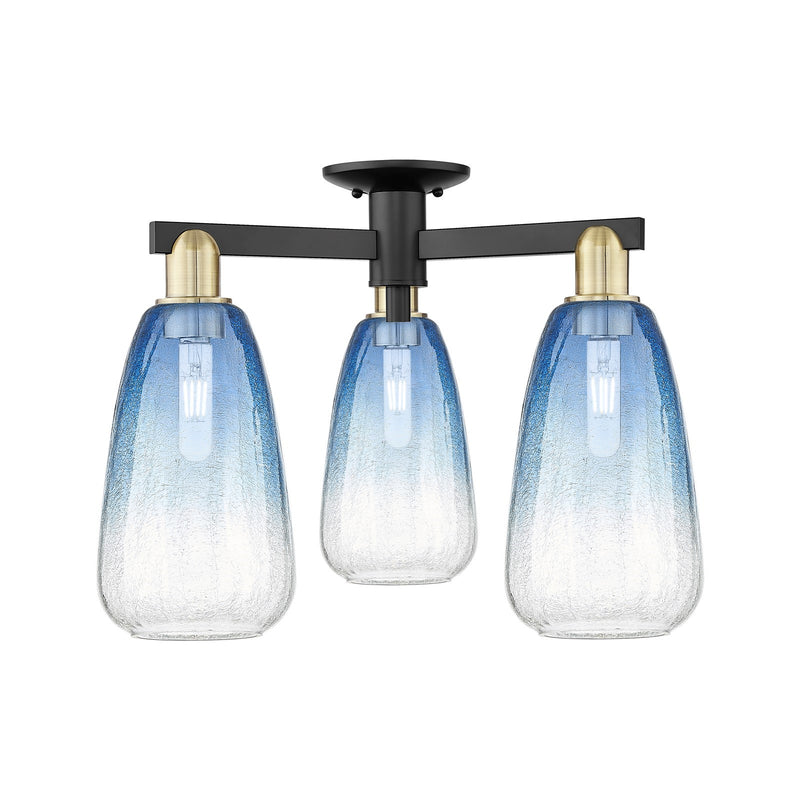 Innovations Brookhaven Almond 23.5in 3-Light Semi-Flush Mount | Industrial Black Antique Brass and Sapphire Blue Glass | Model 716-3F-BAB-G480-6SB