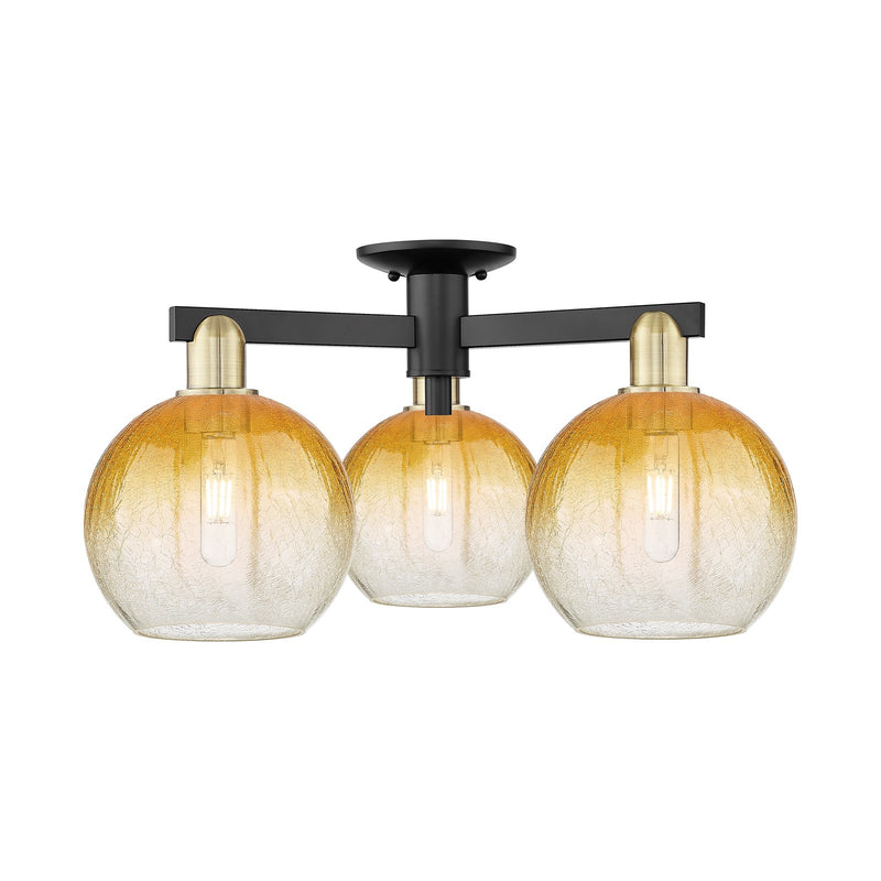 Innovations Brookhaven Globe 25.5in 3-Light Semi-Flush Mount | Industrial Black Antique Brass Steel and Amber Glass | Model 716-3F-BAB-G483-8AM