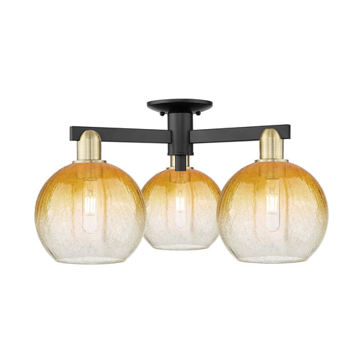 Innovations Brookhaven Globe 25.5in 3-Light Semi-Flush Mount | Industrial Black Antique Brass Steel and Amber Glass | Model 716-3F-BAB-G483-8AM