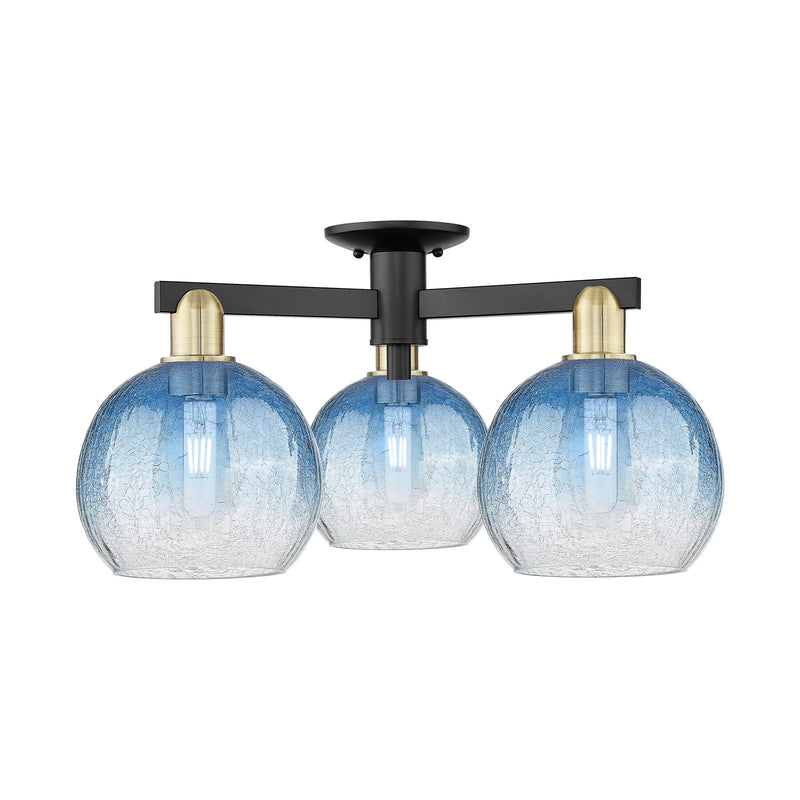 Innovations Brookhaven Globe 25.5in 3-Light Semi-Flush Mount | Industrial Black Antique Brass and Sapphire Blue Glass | Living | Model 716-3F-BAB-G483-8SB