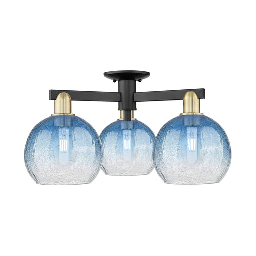 Innovations Brookhaven Globe 25.5in 3-Light Semi-Flush Mount | Industrial Black Antique Brass and Sapphire Blue Glass | Living | Model 716-3F-BAB-G483-8SB