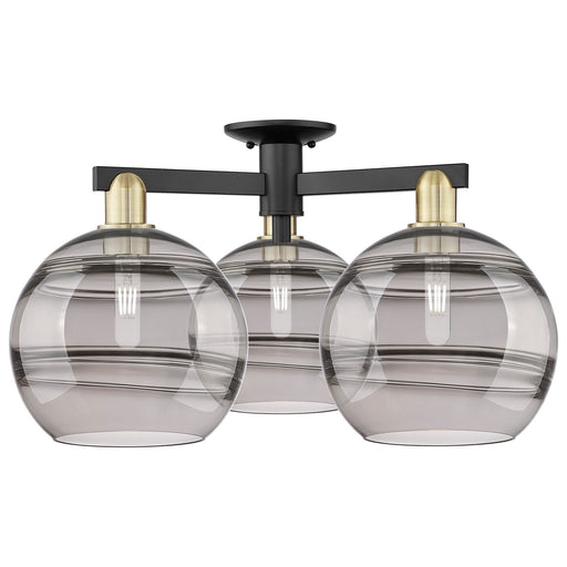 Innovations Rochester 28in 3-Light Semi-Flush Mount | Industrial Black Antique Brass and Light Smoke Glass | Living Room & | Model 716-3F-BAB-G556-10SM