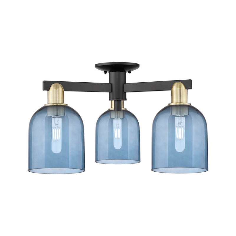 Innovations Bella 23in 3-Light Semi-Flush Mount | Industrial Black Antique Brass Steel and Blue Glass | Kitchen & Hallway | 23 | Model 716-3F-BAB-G558-6BL