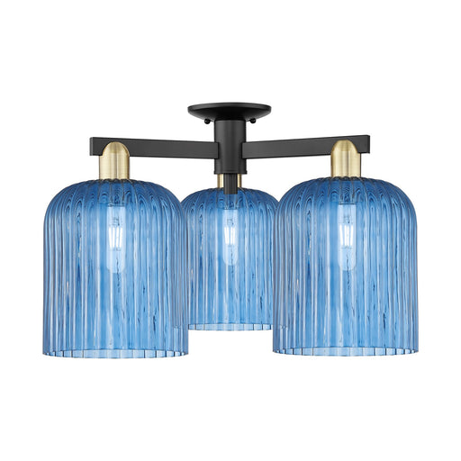Innovations Bridal Veil 26in 3-Light Semi-Flush Mount | Industrial Black Antique Brass and Princess Blue Ribbed Glass | Model 716-3F-BAB-G559-8BL