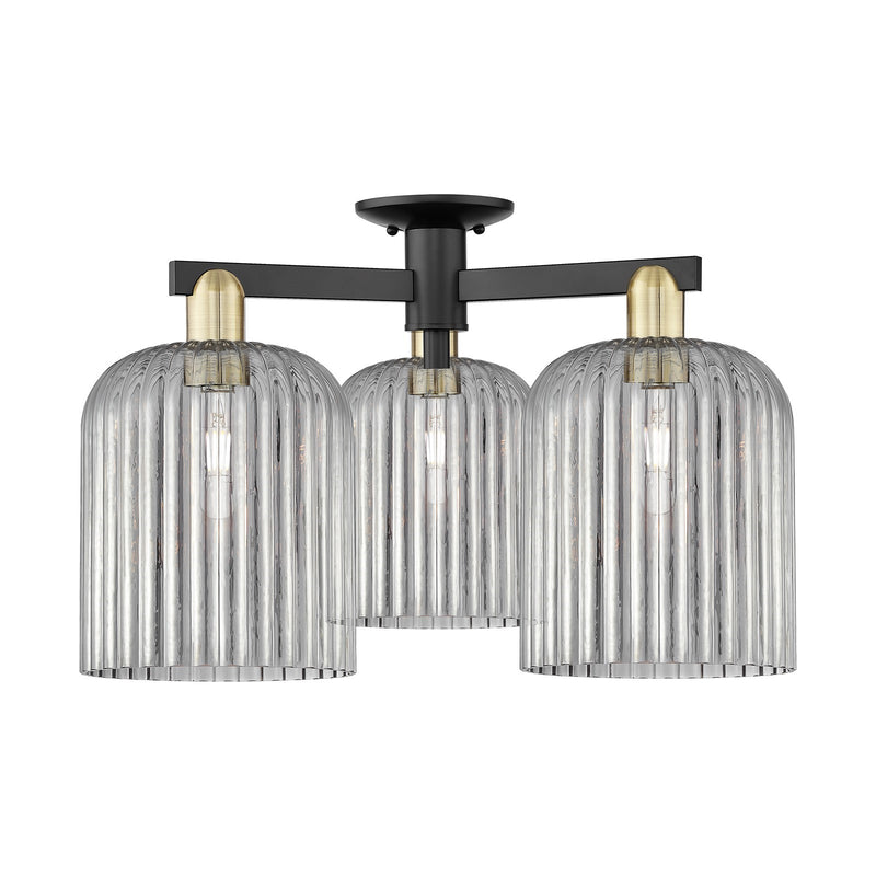 Innovations Bridal Veil 26in 3-Light Semi-Flush Mount | Industrial Black Antique Brass and Light Smoke Ribbed Glass | Living | Model 716-3F-BAB-G559-8SM