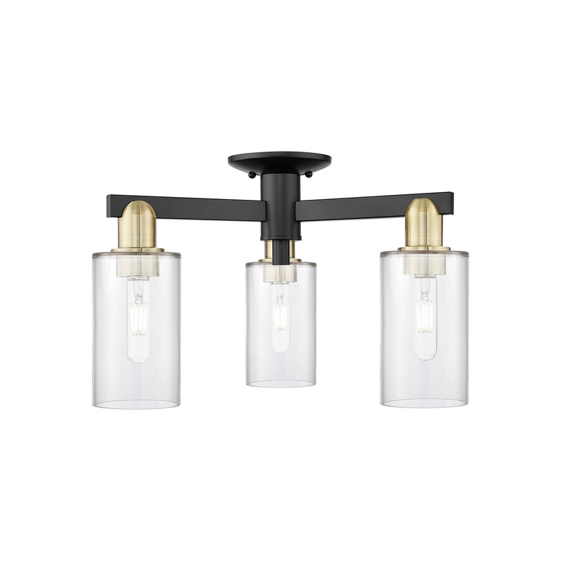 Innovations Clymer 21in 3-Light Semi-Flush Mount | Industrial Black Antique Brass Steel and Clear Glass | Entryway & Hallway | Model 716-3F-BAB-G802
