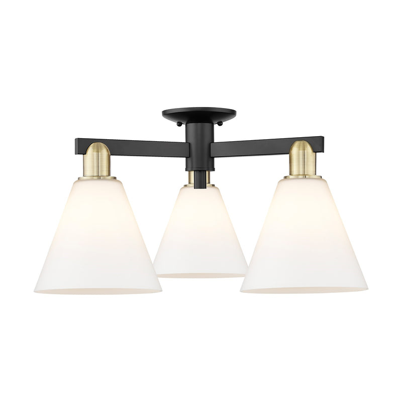 Innovations Berkshire Glass 26in 3-Light Semi-Flush Mount | Industrial Black Antique Brass and Matte White Glass | Living Room & | Model 716-3F-BAB-GBC-81