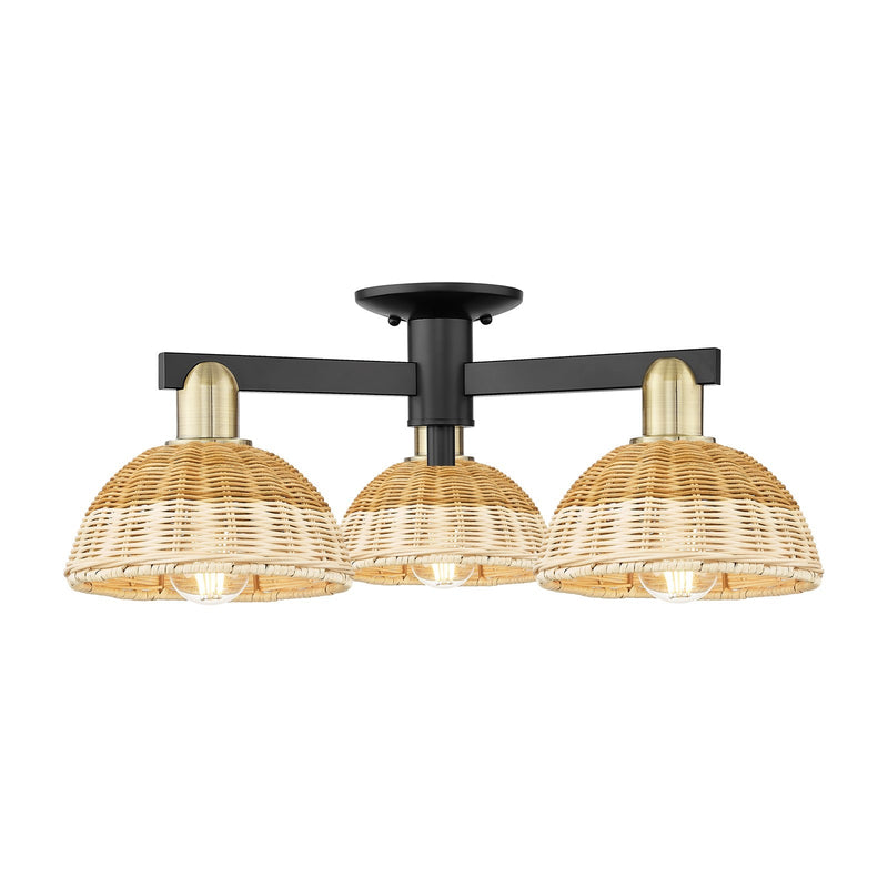 Innovations Natural Ballston Dome 25in 3-Light Semi-Flush Mount | Farmhouse Black Antique Brass and Natural Fiber | Model 716-3F-BAB-NBD2-75-NAT