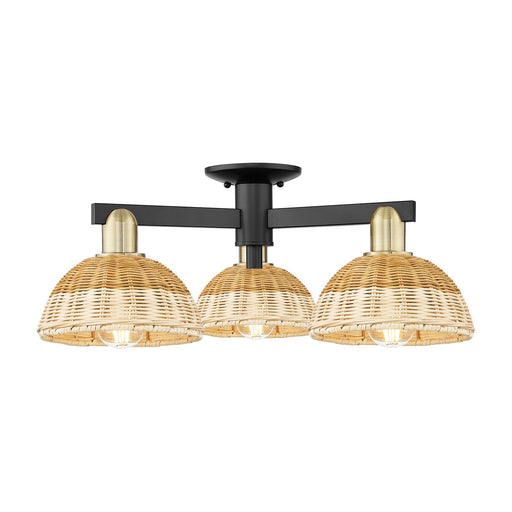 Innovations Natural Ballston Dome 25in 3-Light Semi-Flush Mount | Farmhouse Black Antique Brass and Natural Fiber | Model 716-3F-BAB-NBD2-75-NAT
