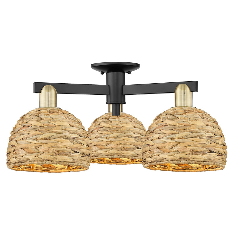 Innovations Woven Rattan 26in 3-Light Semi-Flush Mount | Industrial Black Antique Brass and Natural Rattan | Entryway & | Model 716-3F-BAB-RBD-8-NAT