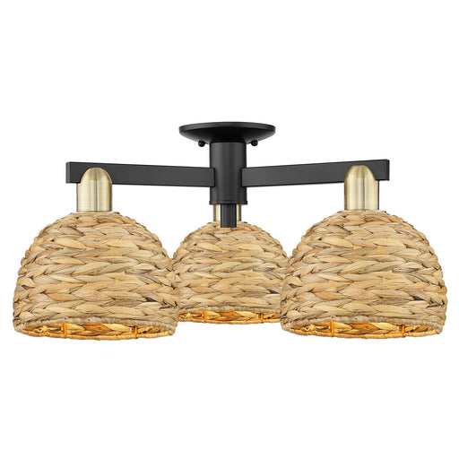 Innovations Woven Rattan 26in 3-Light Semi-Flush Mount | Industrial Black Antique Brass and Natural Rattan | Entryway & | Model 716-3F-BAB-RBD-8-NAT