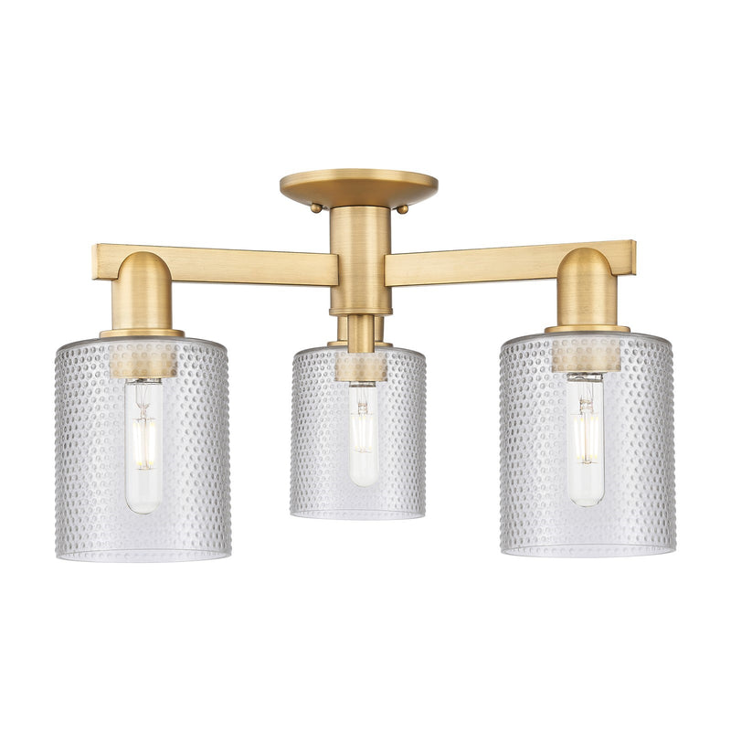 Innovations Cobbleskill 23in 3-Light Semi-Flush Mount | Industrial Brushed Brass Steel and Clear Cobbleskill Glass | Damp-Rated | Model 716-3F-BB-G112