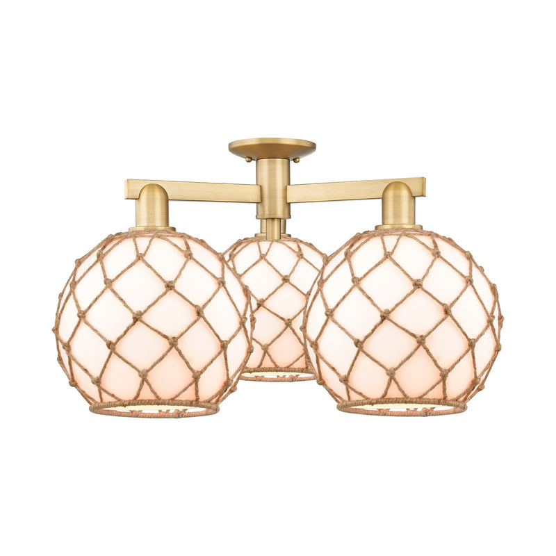 Innovations Farmhouse Rope 28in 3-Light Semi-Flush Mount | Industrial Brushed Brass Steel and Matte White Glass with Brown | Model 716-3F-BB-G121-10RB