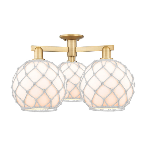 Innovations Farmhouse Rope 28in 3-Light Semi-Flush Mount | Industrial Brushed Brass Steel and White Glass with Rope Shade | Model 716-3F-BB-G121-10RW