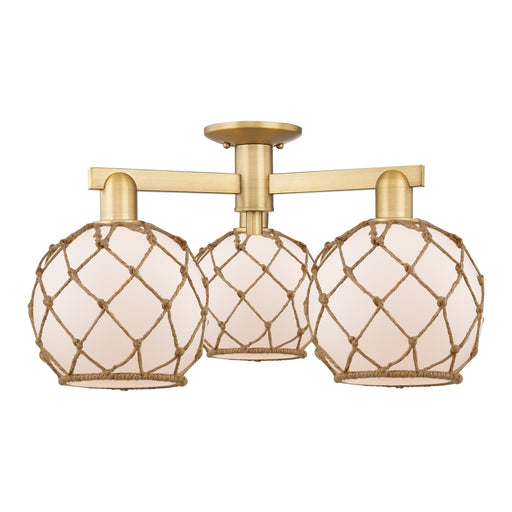 Innovations Farmhouse Rope 26in 3-Light Semi-Flush Mount | Industrial Brushed Brass Steel and White Frosted Glass with Brown | Model 716-3F-BB-G121-8RB