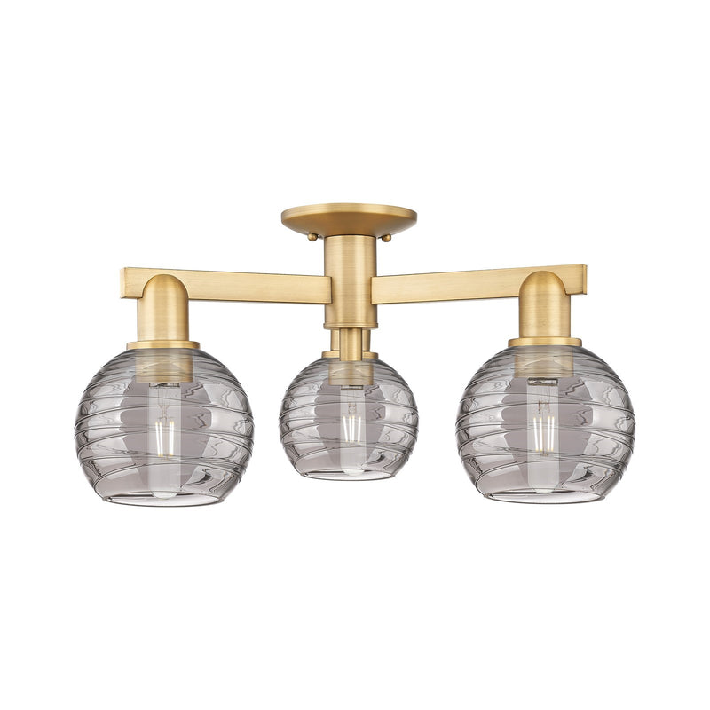 Innovations Athens Deco Swirl 23in 3-Light Semi-Flush Mount | Industrial Brushed Brass and Light Smoke Glass | Damp-Rated | Model 716-3F-BB-G1213-6SM