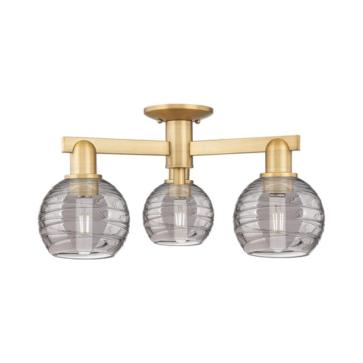 Innovations Athens Deco Swirl 23in 3-Light Semi-Flush Mount | Industrial Brushed Brass and Light Smoke Glass | Damp-Rated | Model 716-3F-BB-G1213-6SM