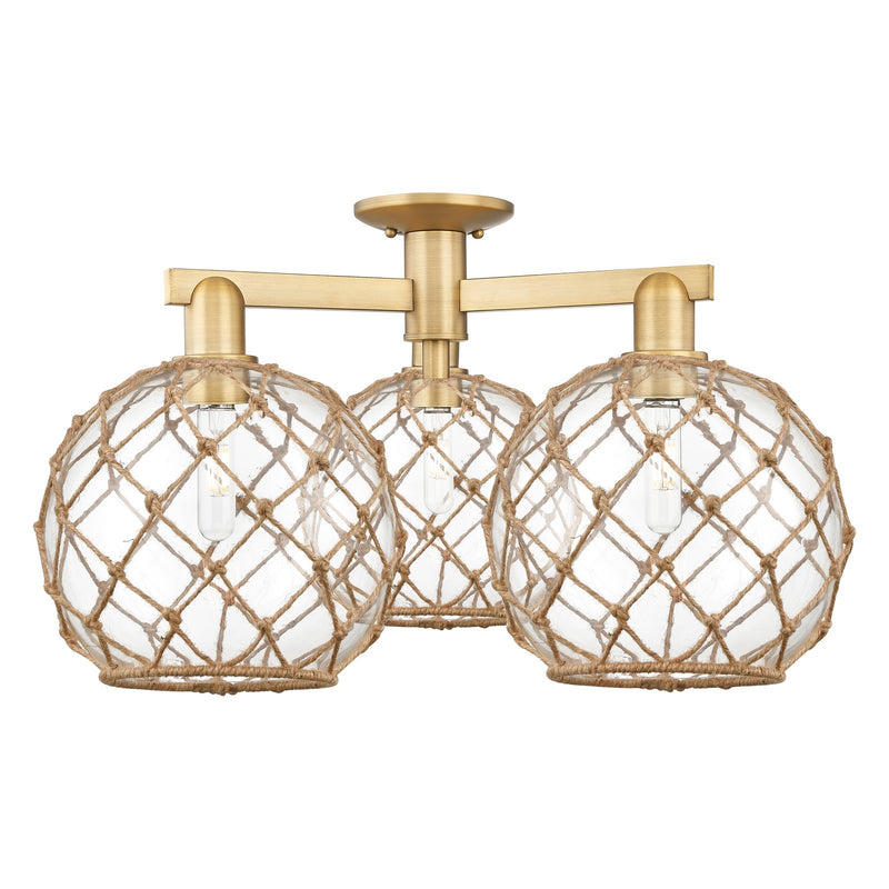 Innovations Farmhouse Rope 28in 3-Light Semi-Flush Mount | Industrial Brushed Brass and Clear Glass with Brown Rope | Entryway | Model 716-3F-BB-G122-10RB