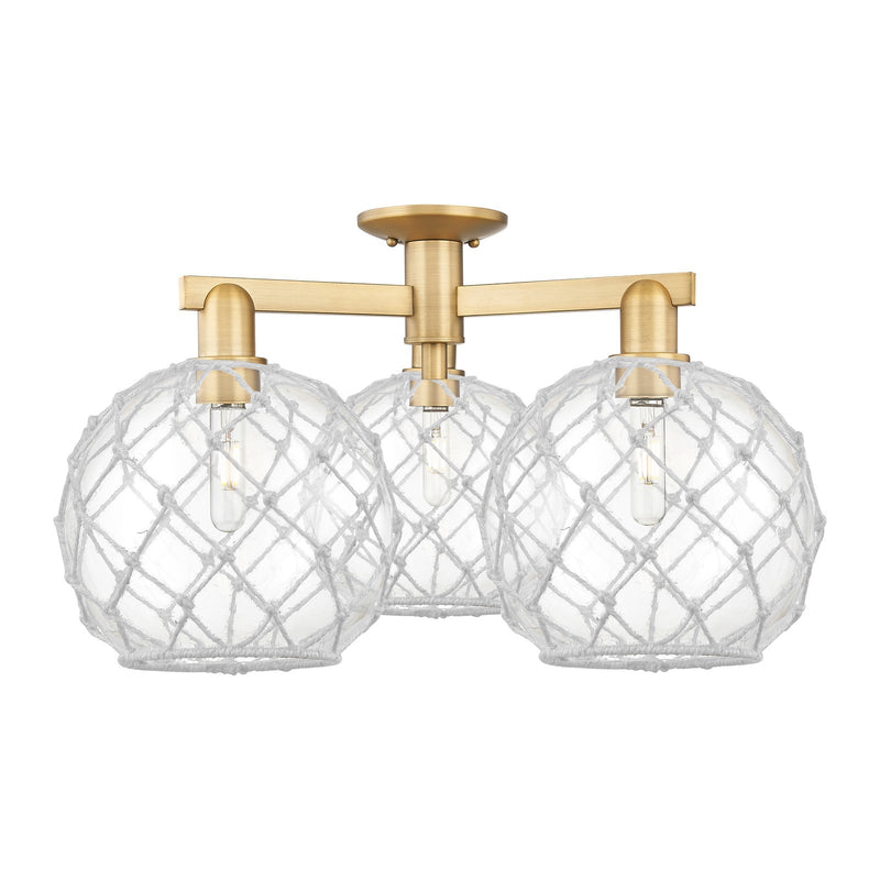 Innovations Farmhouse Rope 28in 3-Light Semi-Flush Mount | Industrial Brushed Brass and Clear Glass with White Rope Shade | Model 716-3F-BB-G122-10RW