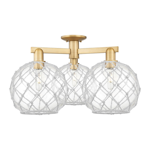 Innovations Farmhouse Rope 28in 3-Light Semi-Flush Mount | Industrial Brushed Brass and Clear Glass with White Rope Shade | Model 716-3F-BB-G122-10RW