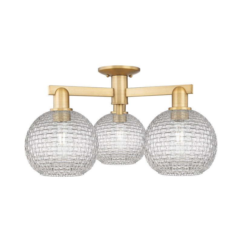 Innovations Athens 26in 3-Light Semi-Flush Mount | Industrial Brushed Brass Steel and Clear Basket Weave Glass | Kitchen & | Model 716-3F-BB-G122C-8CL