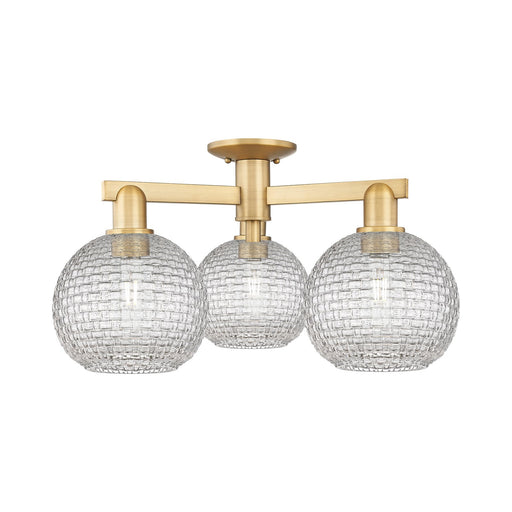 Innovations Athens 26in 3-Light Semi-Flush Mount | Industrial Brushed Brass Steel and Clear Basket Weave Glass | Kitchen & | Model 716-3F-BB-G122C-8CL