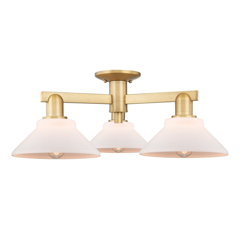 Innovations Orwell 26in 3-Light Semi-Flush Mount | Industrial Brushed Brass Steel and Matte White Glass | Kitchen & Hallway | 25.88 | Model 716-3F-BB-G131