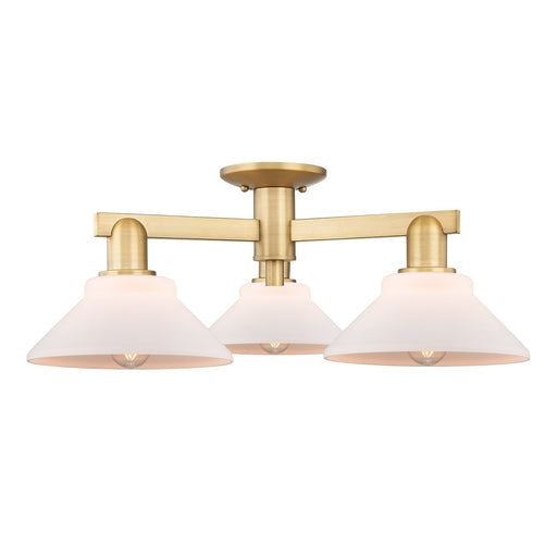 Innovations Orwell 26in 3-Light Semi-Flush Mount | Industrial Brushed Brass Steel and Matte White Glass | Kitchen & Hallway | 25.88 | Model 716-3F-BB-G131