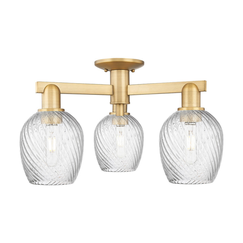 Innovations Salina 23in 3-Light Semi-Flush Mount | Industrial Brushed Brass and Clear Spiral Fluted Glass | Kitchen & Hallway | Model 716-3F-BB-G292