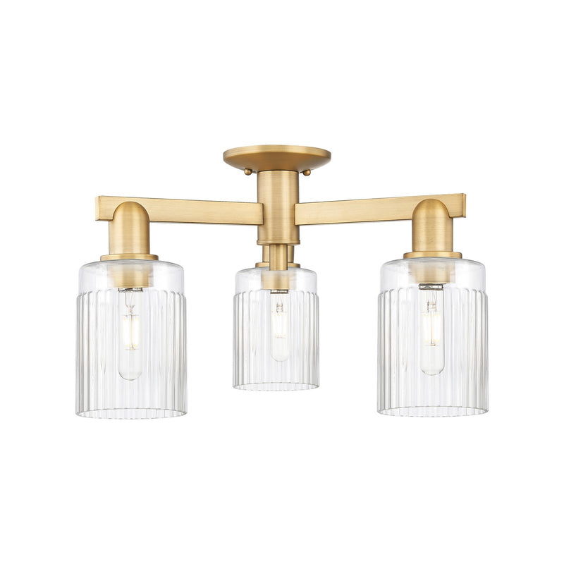 Innovations Hadley 22in 3-Light Semi-Flush Mount | Industrial Brushed Brass Steel and Clear Ribbed Glass | Entryway & Hallway | 22 | Model 716-3F-BB-G342