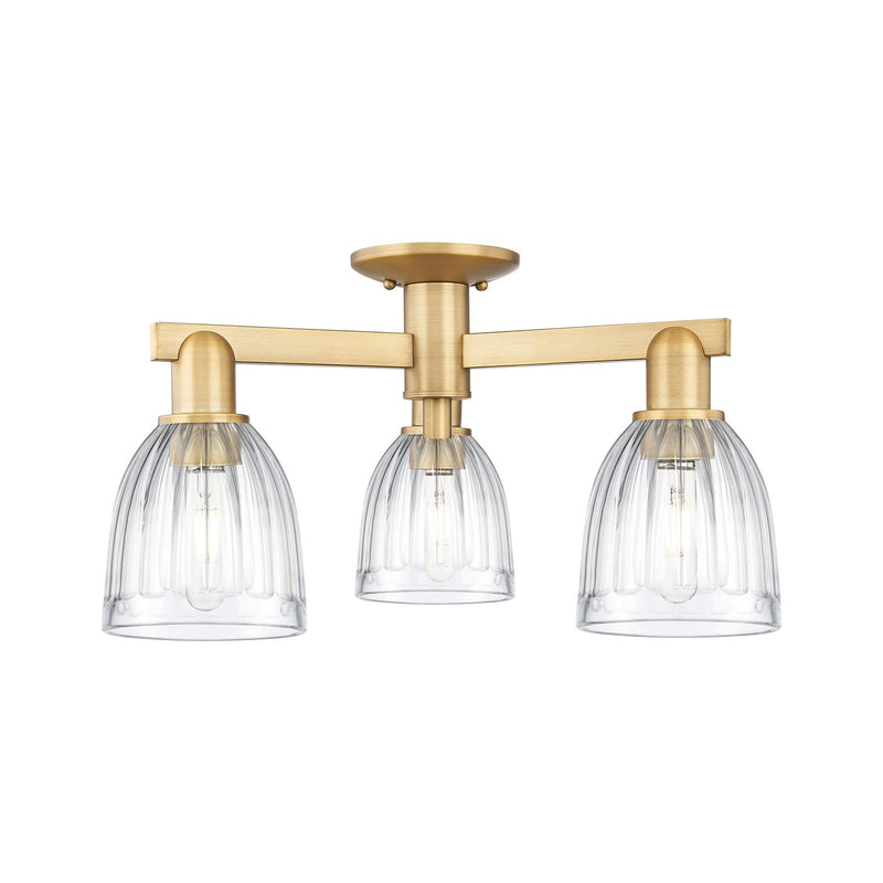 Innovations Brookfield 23.25in 3-Light Semi-Flush Mount | Industrial Brushed Brass Steel and Clear Ribbed Glass | Entryway & | Model 716-3F-BB-G442