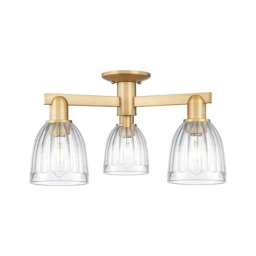 Innovations Brookfield 23.25in 3-Light Semi-Flush Mount | Industrial Brushed Brass Steel and Clear Ribbed Glass | Entryway & | Model 716-3F-BB-G442