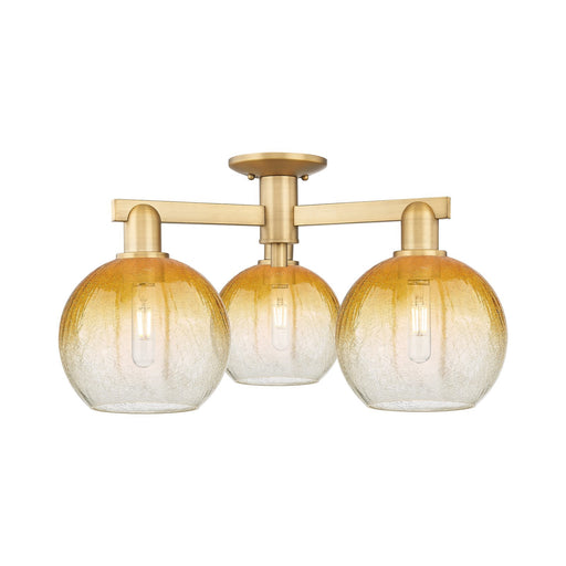Innovations Brookhaven Globe 26in 3-Light Semi-Flush Mount | Industrial Brushed Brass Steel and Amber Glass | Entryway & | Model 716-3F-BB-G483-8AM