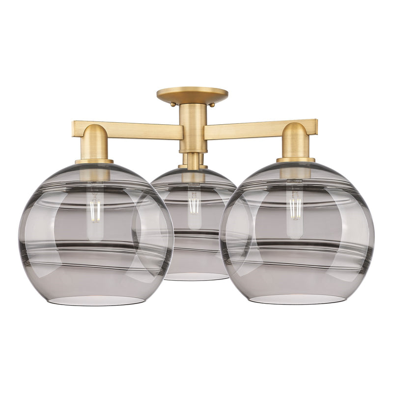 Innovations Rochester 28in 3-Light Semi-Flush | Industrial Brushed Brass and Light Smoke Glass | Kitchen & Entryway | 27.5 x | Model 716-3F-BB-G556-10SM