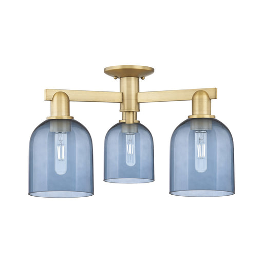 Innovations Bella 23in 3-Light Semi-Flush Mount | Industrial Brushed Brass Steel and Blue Glass | Entryway & Hallway | 23 x 23 | Model 716-3F-BB-G558-6BL