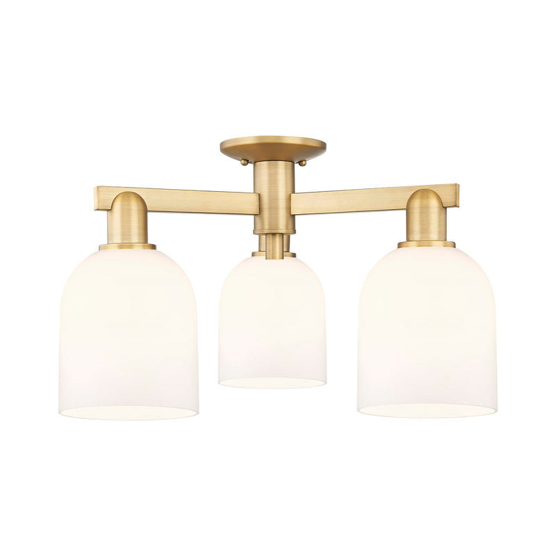Innovations Bella 23in 3-Light Semi-Flush Mount | Industrial Brushed Brass Steel and White Glass | Kitchen & Hallway | 23 x 23 | Model 716-3F-BB-G558-6GWH