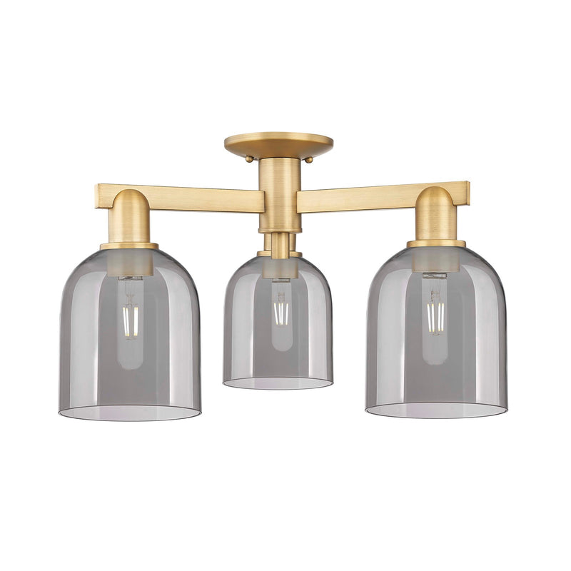 Innovations Bella 23in 3-Light Semi-Flush Mount | Industrial Brushed Brass Steel and Light Smoke Glass | Living Room & Dining | Model 716-3F-BB-G558-6SM