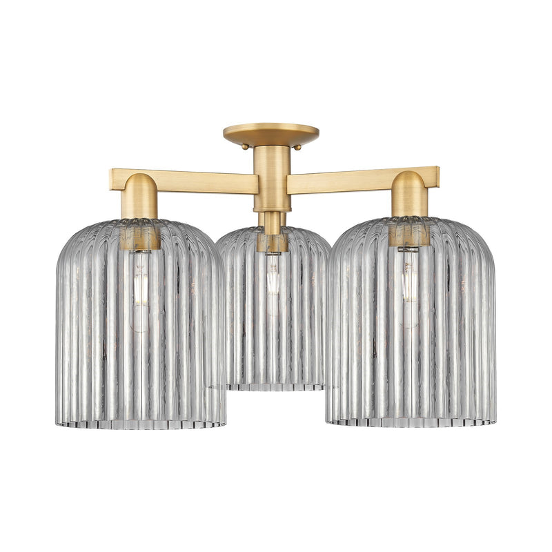 Innovations Bridal Veil 26in 3-Light Semi-Flush Mount | Industrial Brushed Brass and Light Smoke Ribbed Glass | Entryway & | Model 716-3F-BB-G559-8SM