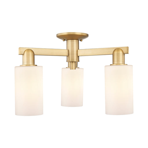 Innovations Clymer 21in 3-Light Semi-Flush Mount | Industrial Brushed Brass Steel and Matte White Glass | Entryway & Hallway | Model 716-3F-BB-G801