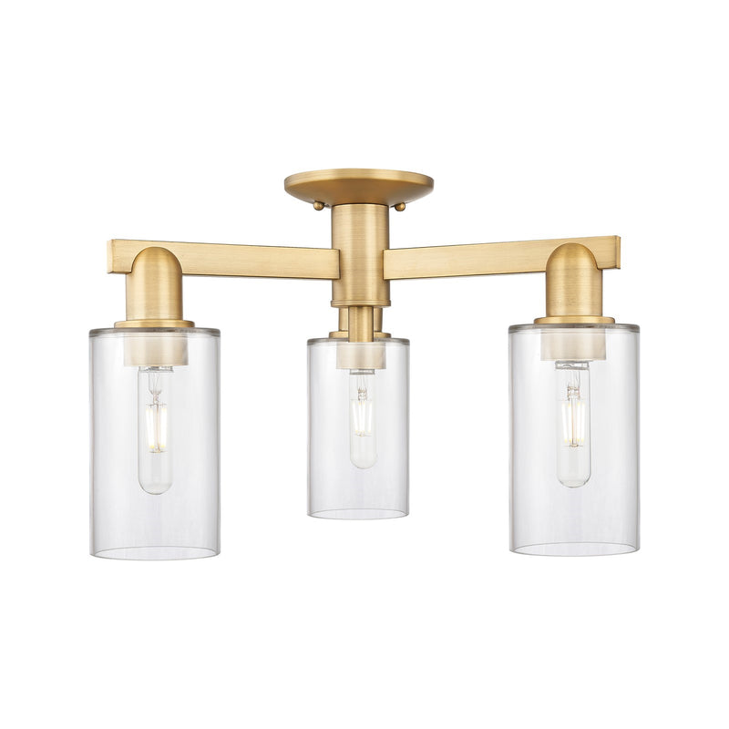 Innovations Clymer 21in 3-Light Semi-Flush Mount | Industrial Brushed Brass Steel and Clear Glass | Entryway & Hallway | Damp | Model 716-3F-BB-G802