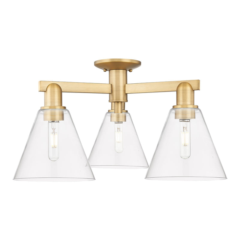 Innovations Berkshire Glass 26in 3-Light Semi-Flush Mount | Industrial Brushed Brass Steel and Clear Glass | Living Room & | Model 716-3F-BB-GBC-82