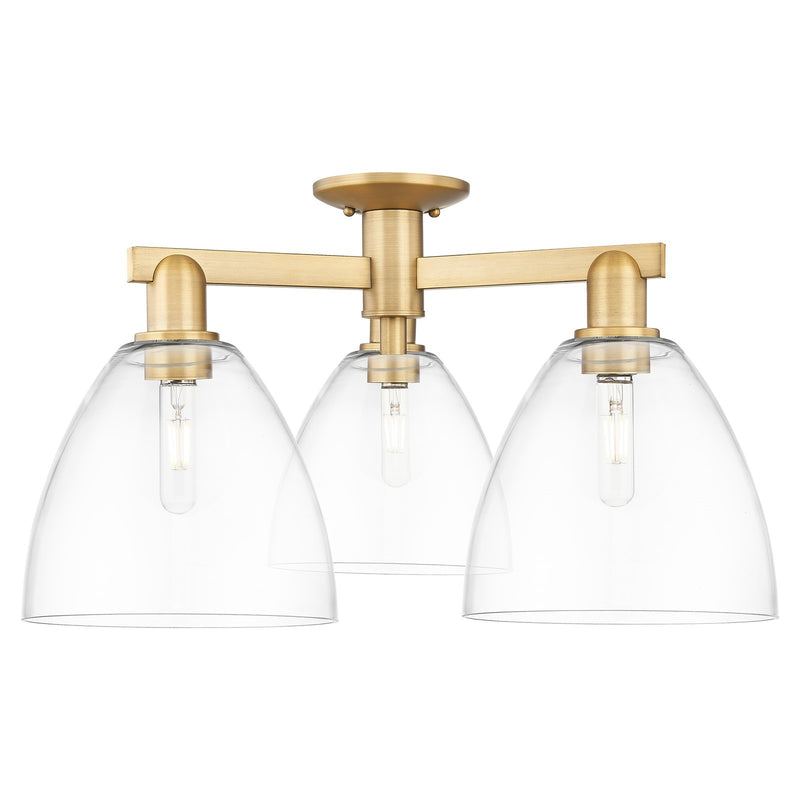 Innovations Bristol 27in 3-Light Semi-Flush Mount | Industrial Brushed Brass Steel and Clear Glass | Kitchen & Hallway | 26.5 x | Model 716-3F-BB-GBD-92